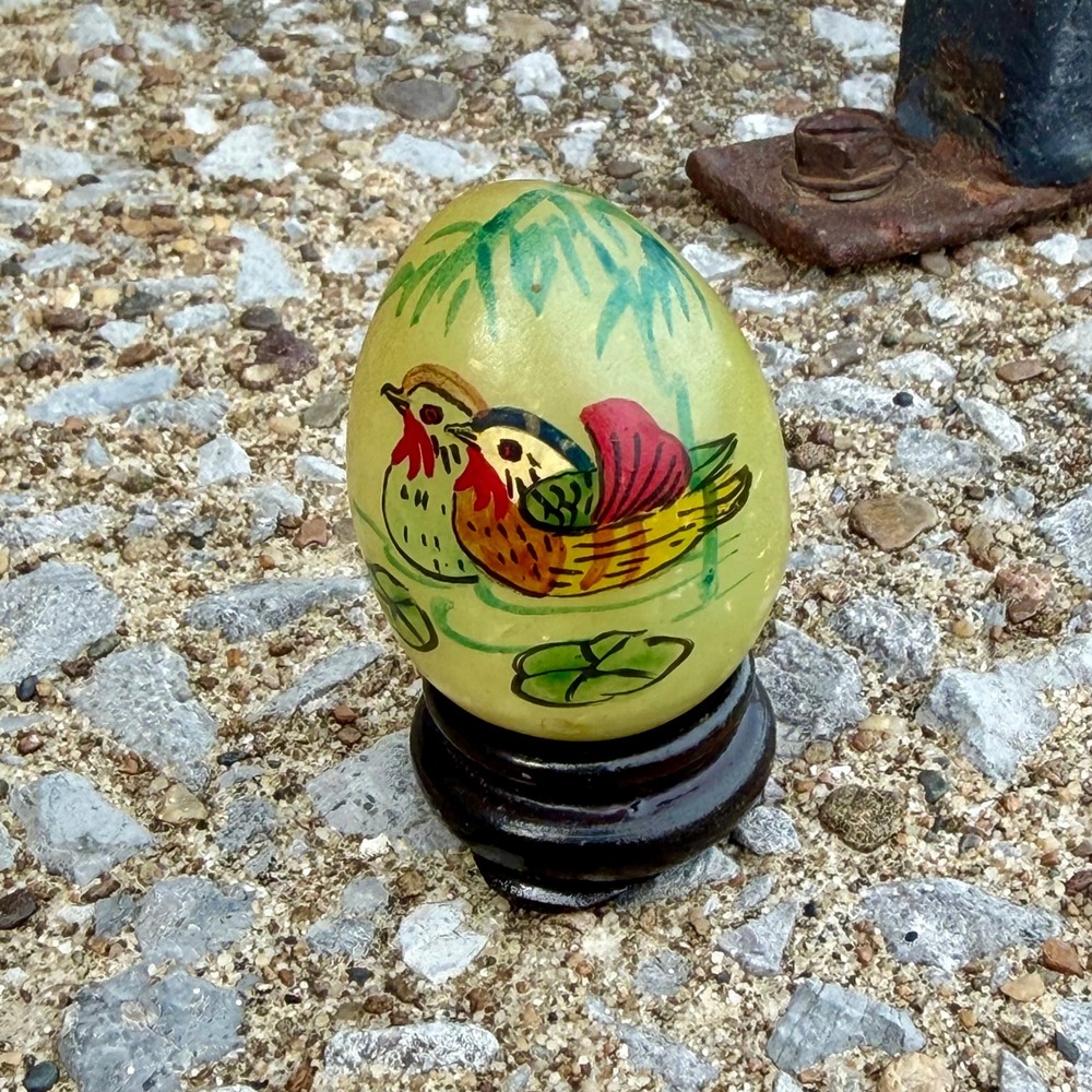 Vintage Hand Painted Stone Eggβ with Wooden Stand Ducks Bamboo Green Alabaster